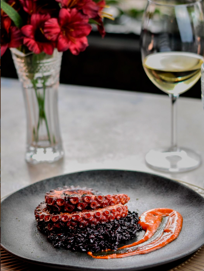 Polvo grelhado com arroz negro